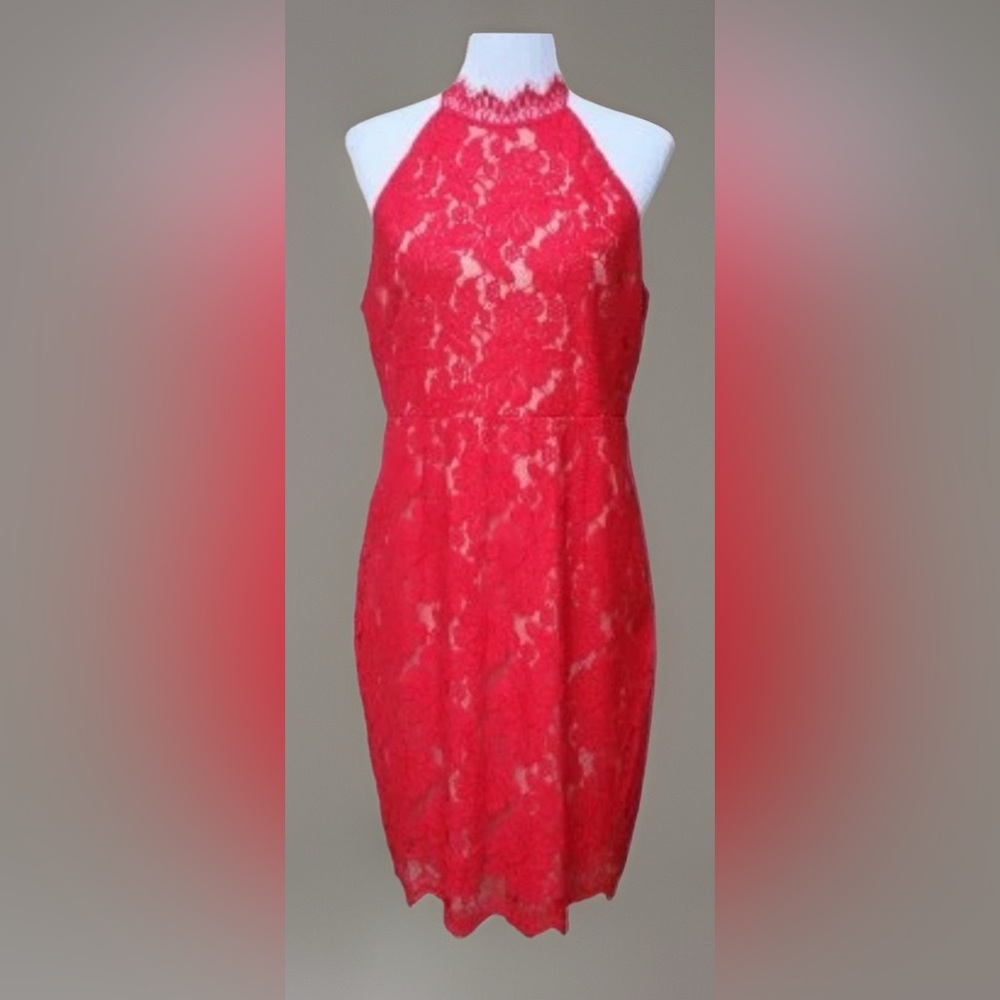 Sans Souci Sleeveless Halter Bodycon Red Lace Cocktail Dress Under Slip Small